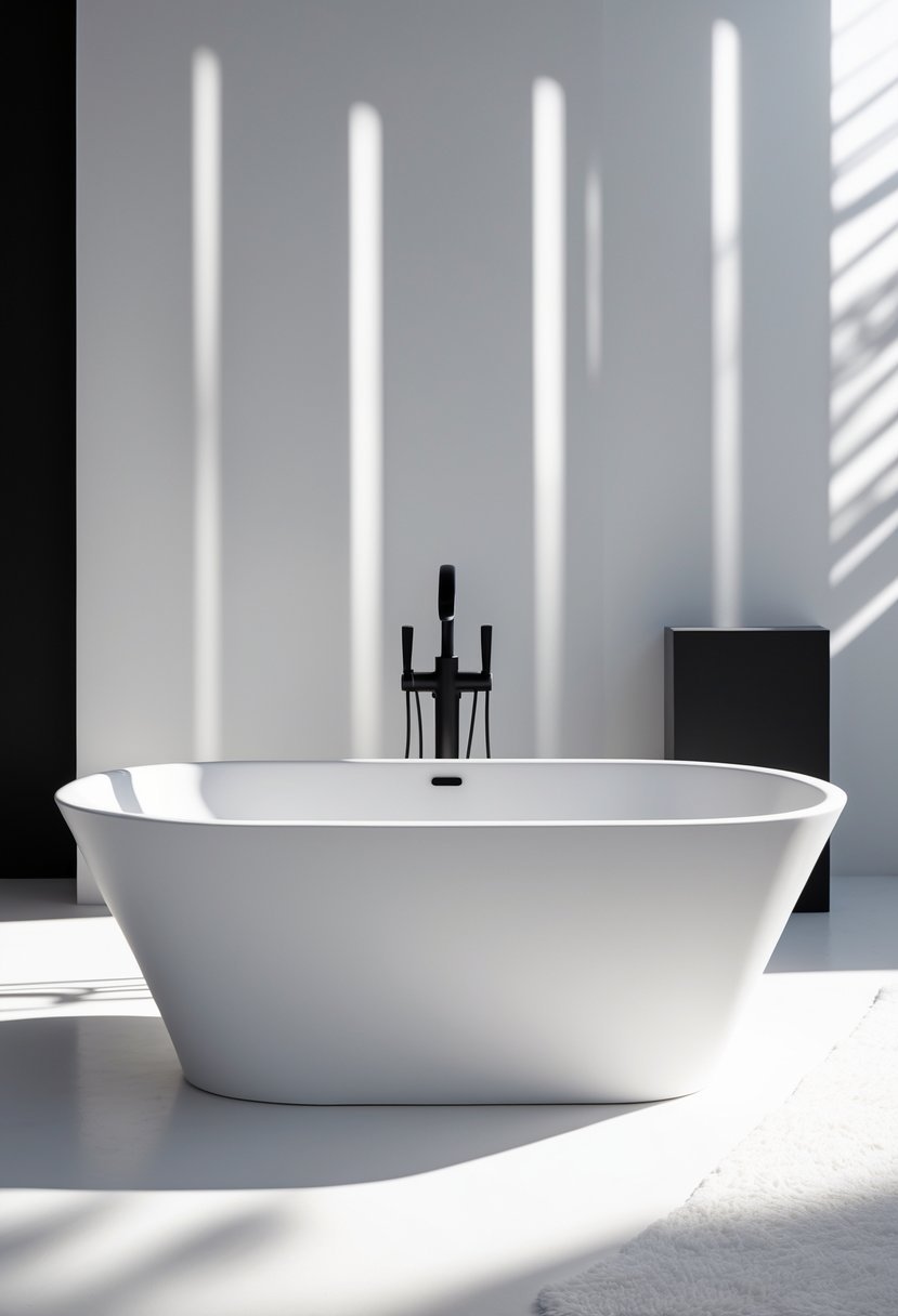 A white freestanding bathtub with black faucets in a black and white bathroom setting.