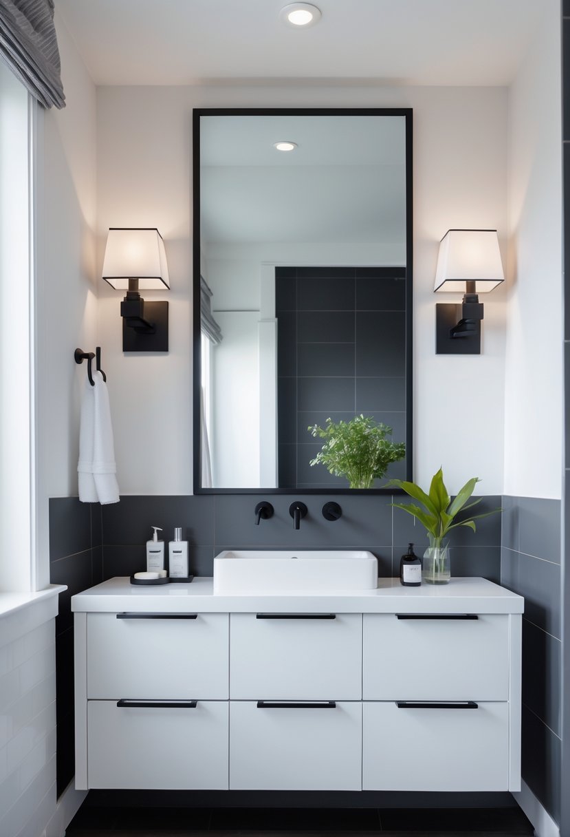 A bathroom with black wall sconces and white shades on either side of a mirror above a white vanity.