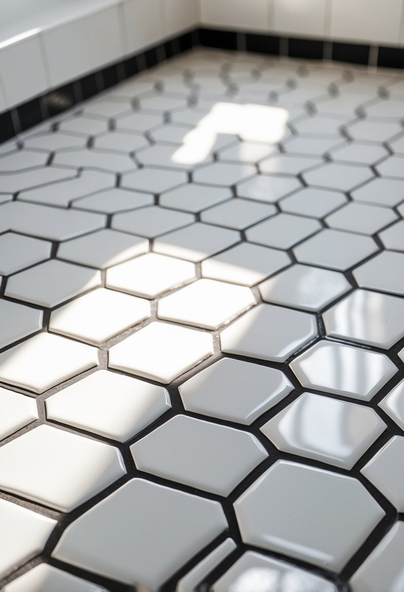 Close-up of a bathroom floor with white hexagonal tiles and black grout lines.