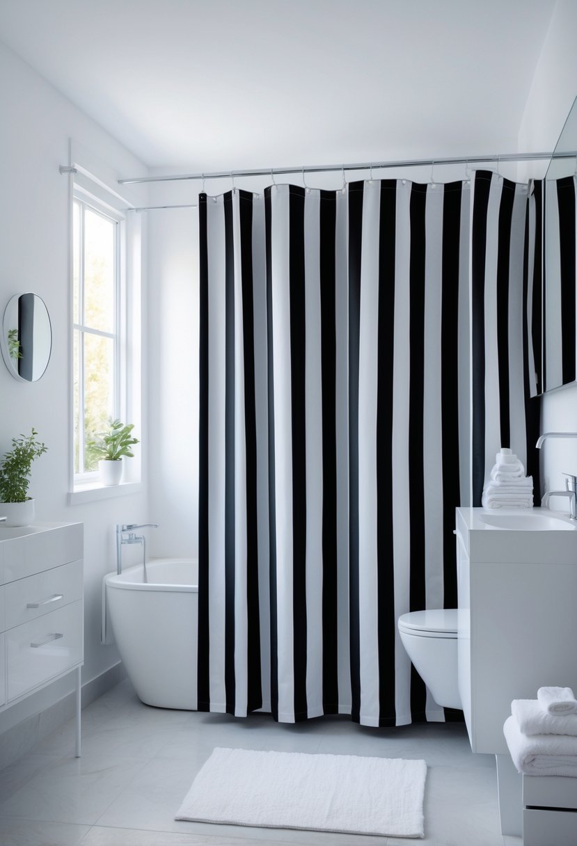 A clean bathroom with a bathtub and black and white striped shower curtains hanging from a silver rod.