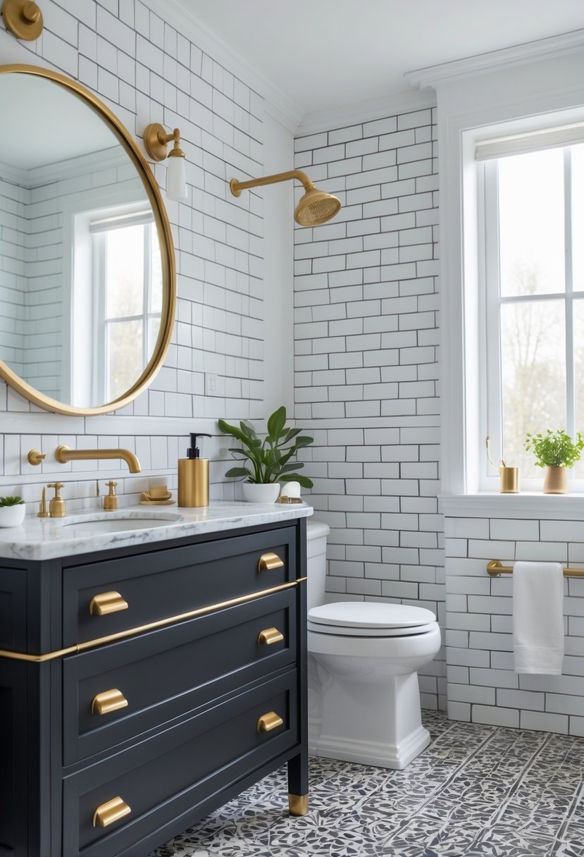 A bathroom with black and white tiles, brass fixtures, a round mirror, and a black vanity with a white countertop.