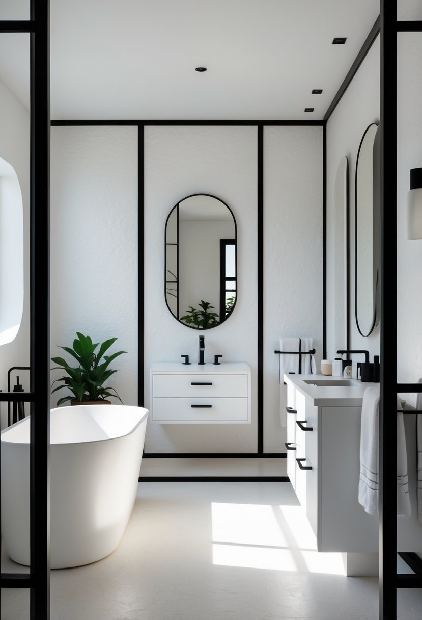 A bathroom with white textured walls and black trim, featuring a bathtub, mirror, vanity, and fixtures.