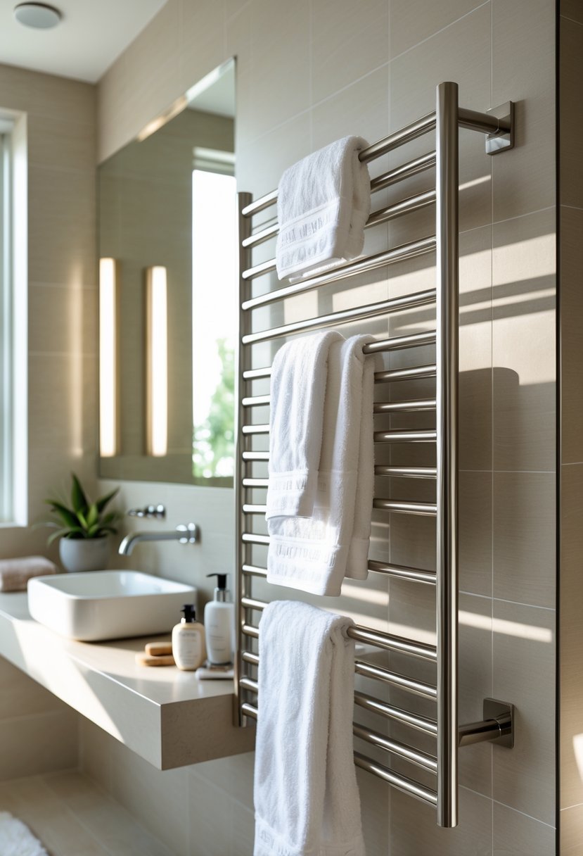 A bathroom with a wall-mounted heated towel rack holding white towels on a tiled wall.