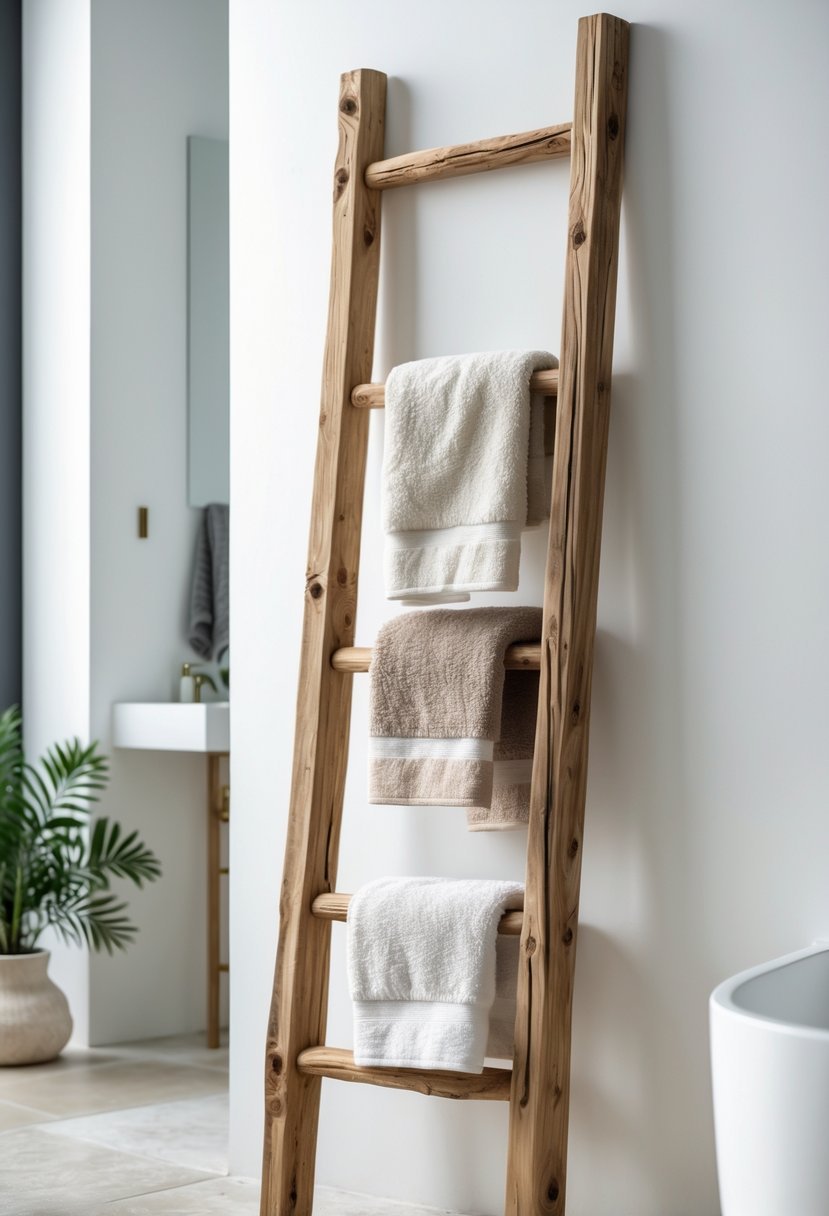A rustic wooden ladder towel rack with folded towels leaning against a white bathroom wall.