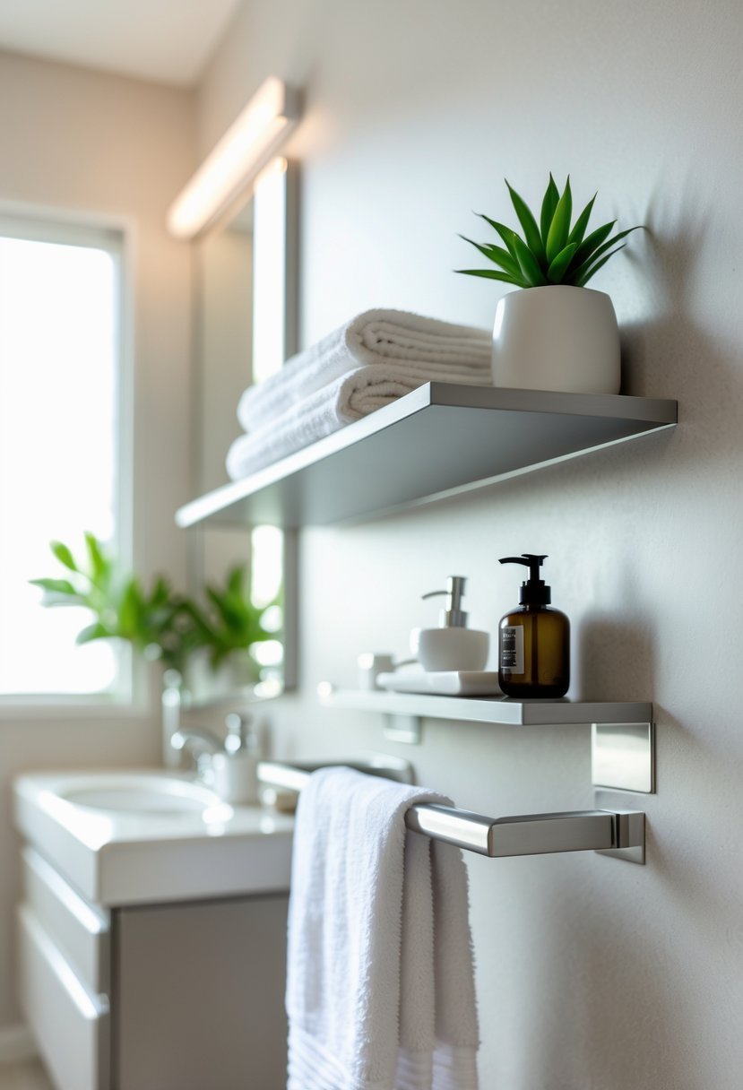 A bathroom wall with a floating shelf holding towels and a towel hanging from an attached bar beneath it.
