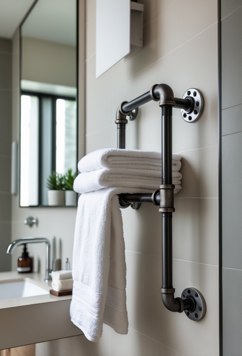 A bathroom with an industrial pipe towel holder mounted on the wall holding white towels, next to a sink and mirror.