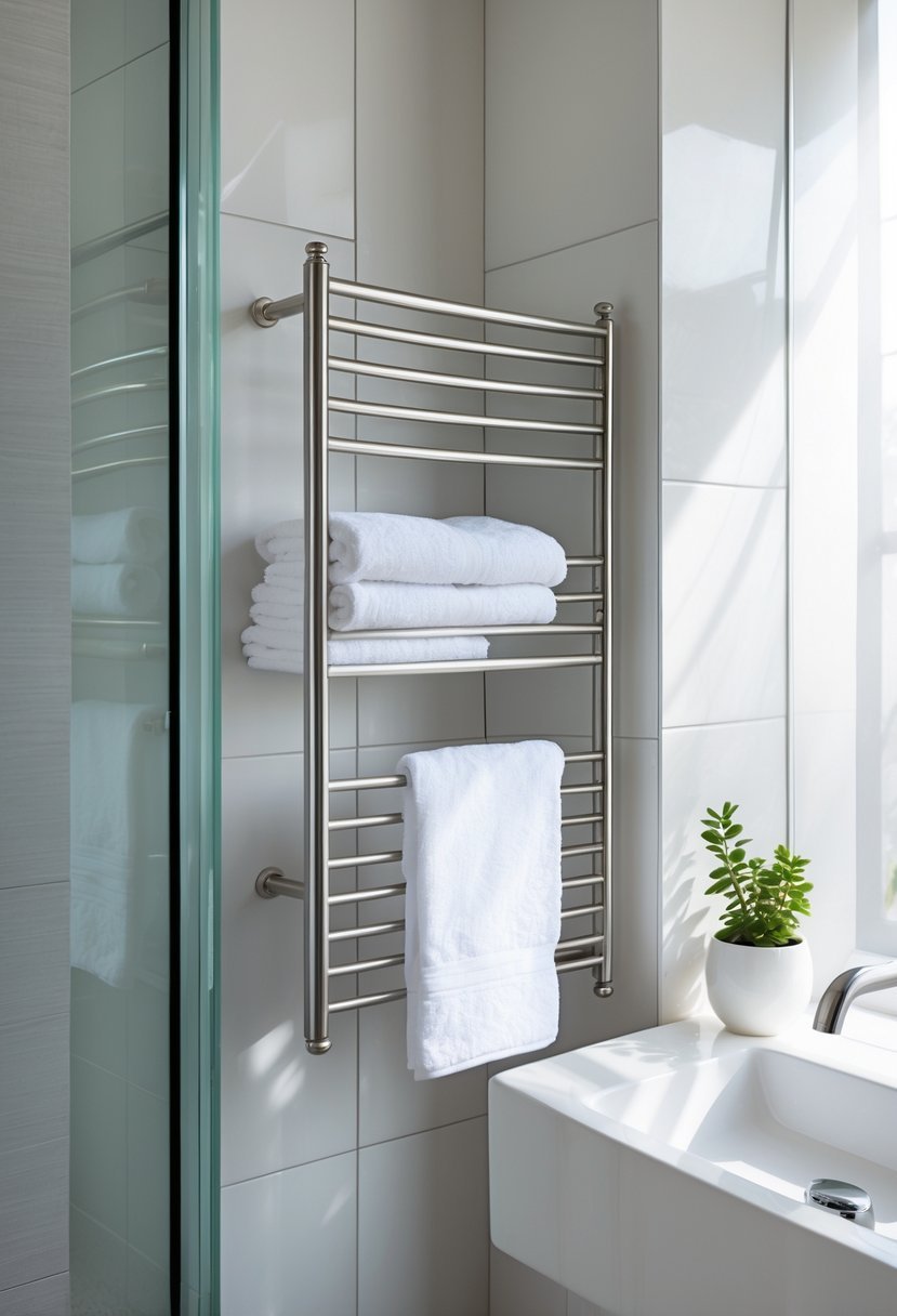 A bathroom corner with a mounted towel rack holding white towels next to a sink and a small green plant.