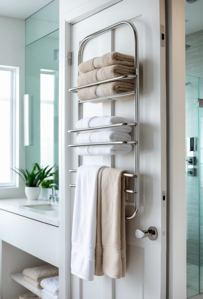 A bathroom door with an over-the-door towel rack holding neatly folded towels, next to a clean countertop and a shower area in the background.