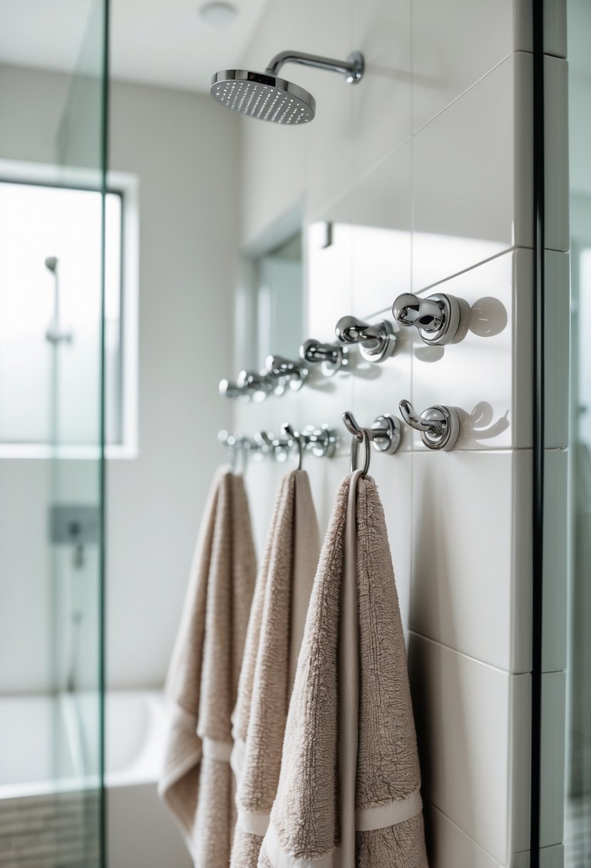 A bathroom wall with a recessed towel rack holding several towels on hooks.