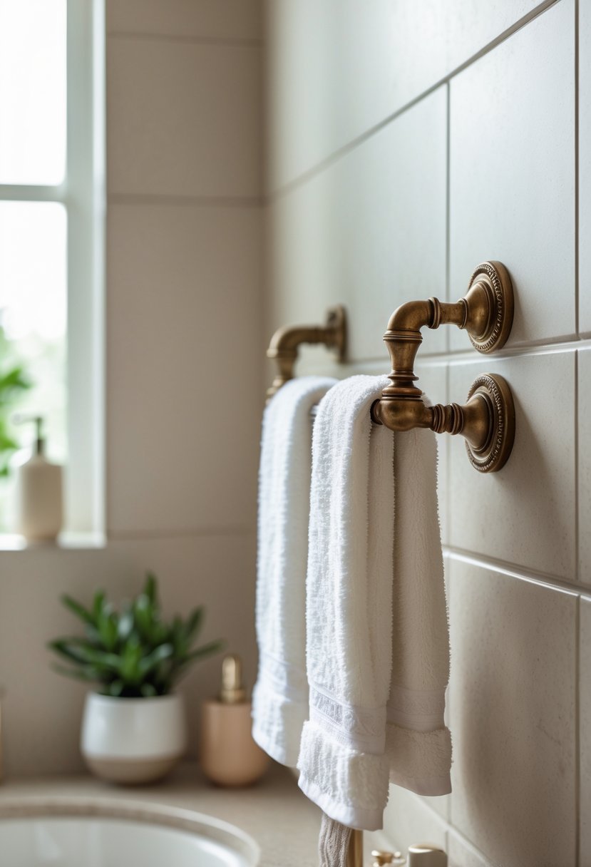 A vintage brass double towel bar mounted on a bathroom wall holding two white towels in a clean bathroom setting.