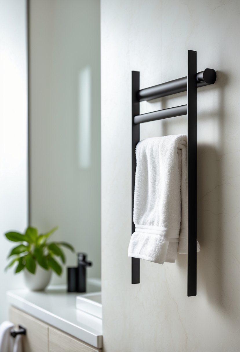 A black matte towel rack mounted on a bathroom wall holding white towels, with a countertop and a small green plant nearby.