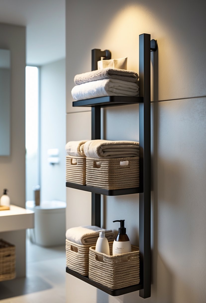 A bathroom wall with a towel rack holding folded towels and woven storage baskets.