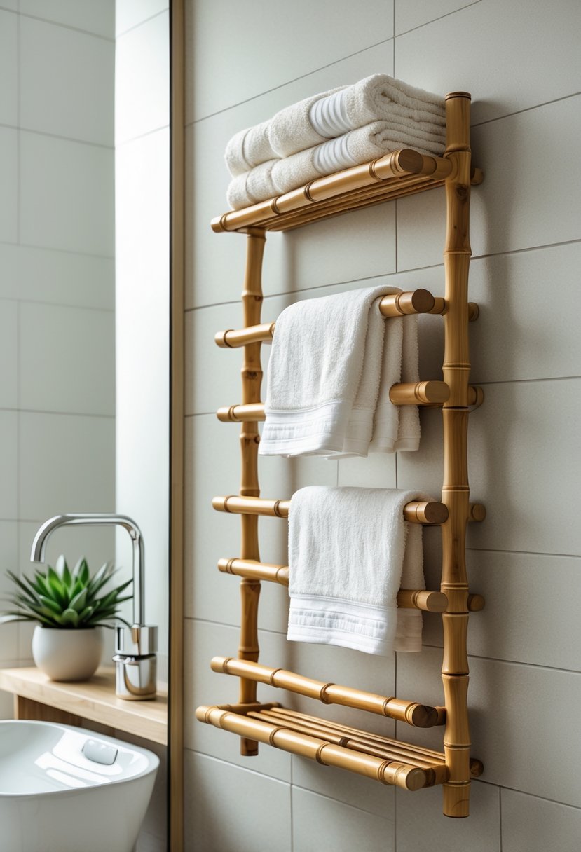 A bathroom wall with a bamboo towel rack holding neatly folded towels, next to a sink and a small potted plant.