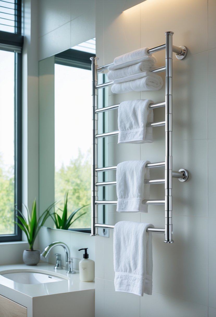 A bathroom with a swivel arm towel rack holding white towels near a vanity and mirror.