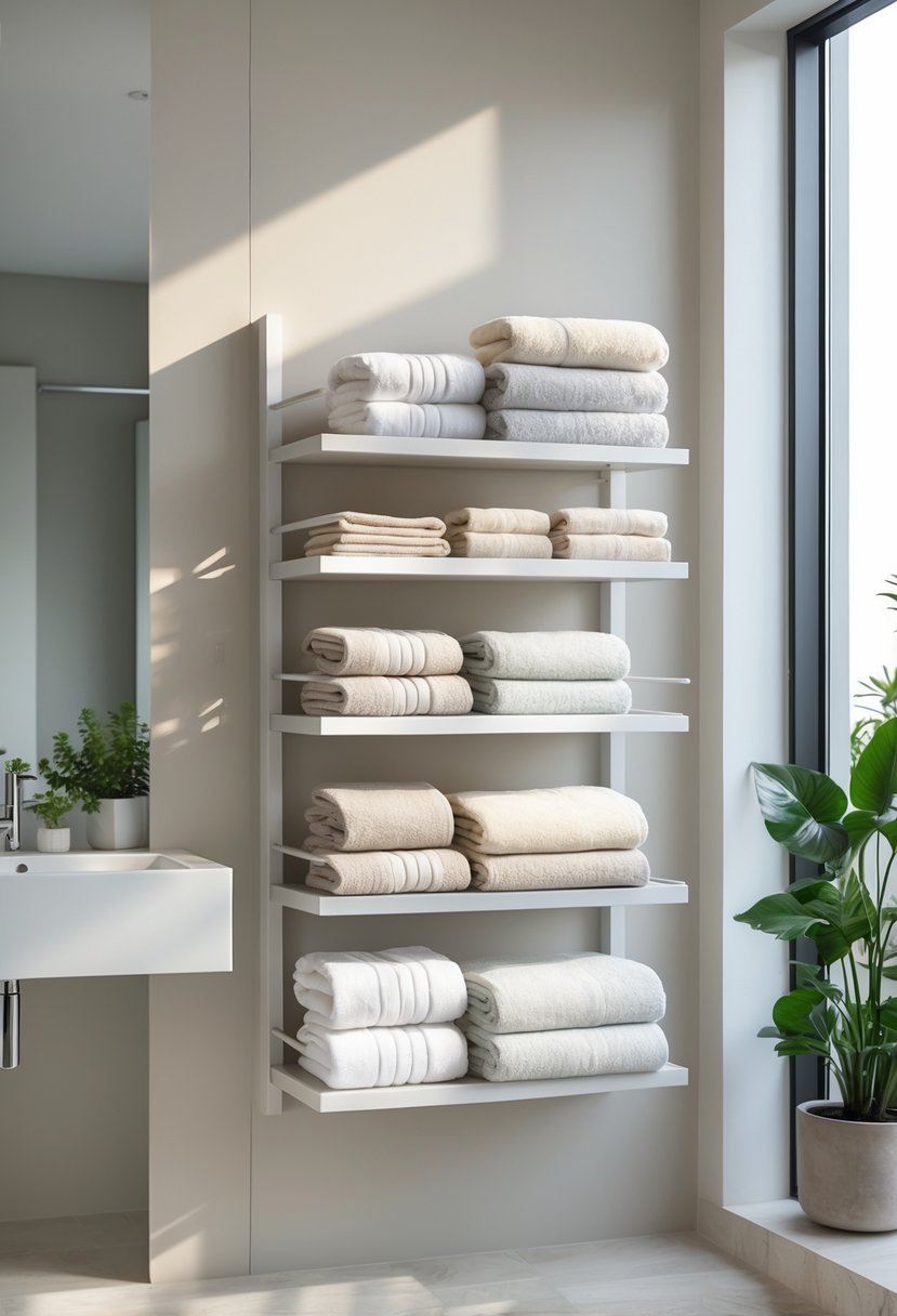 A bathroom with a multi-tiered towel rack shelf holding neatly arranged towels.