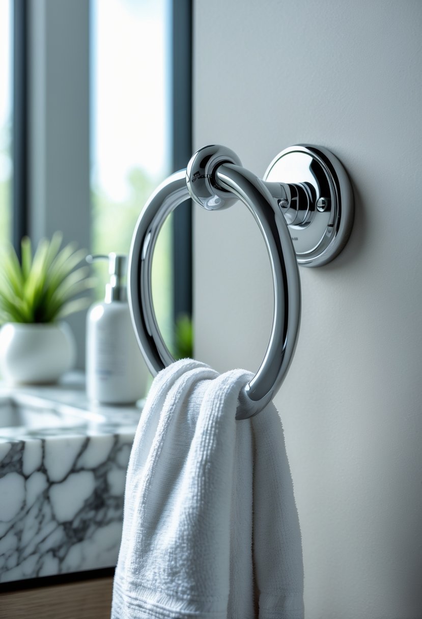 A bathroom wall with a chrome towel ring holding a white towel, next to a marble countertop with a soap dispenser and a small plant.