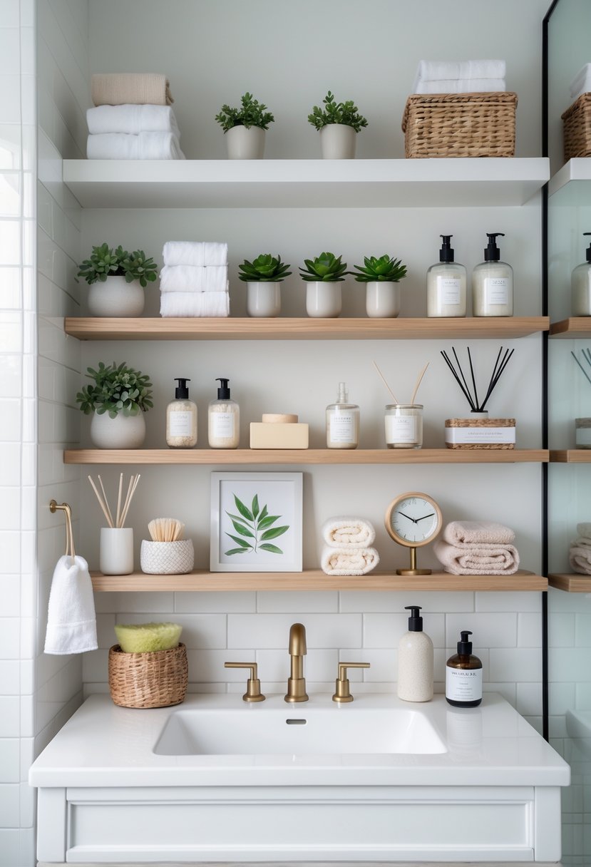 A bathroom shelf with various decorative items including plants, towels, candles, jars, and baskets arranged neatly above a white sink.