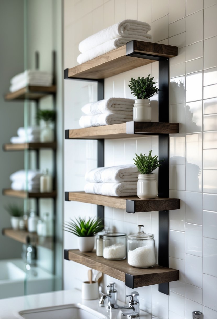 A bathroom wall with floating wooden shelves holding towels, plants, and bathroom accessories.