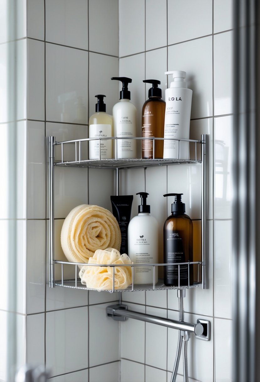 A corner wire rack in a shower holding shampoo, conditioner, body wash, and a loofah.