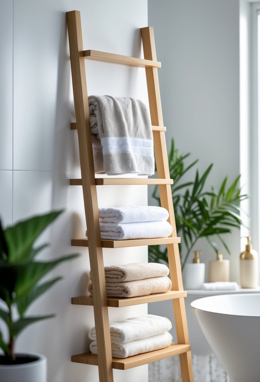 A bathroom with a wooden ladder-style towel shelf holding folded towels, next to a countertop with a plant and toiletries.
