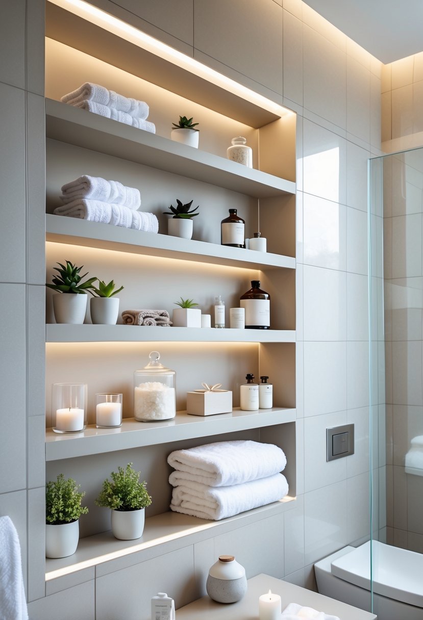 A bathroom with built-in recessed shelves holding towels, plants, candles, and jars.