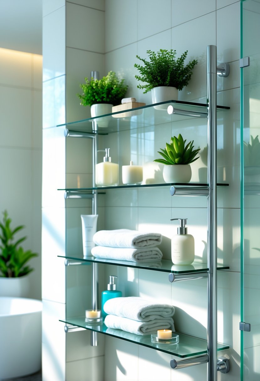 Glass bathroom shelves with chrome supports holding plants, towels, soap dispensers, and candles in a bright bathroom.
