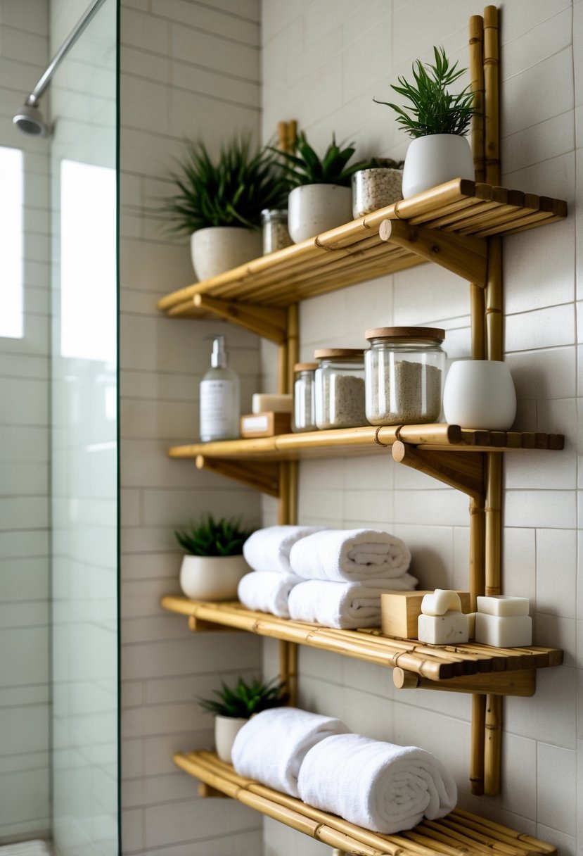 A bathroom with bamboo wall-mounted shelves holding towels, plants, and bath accessories.