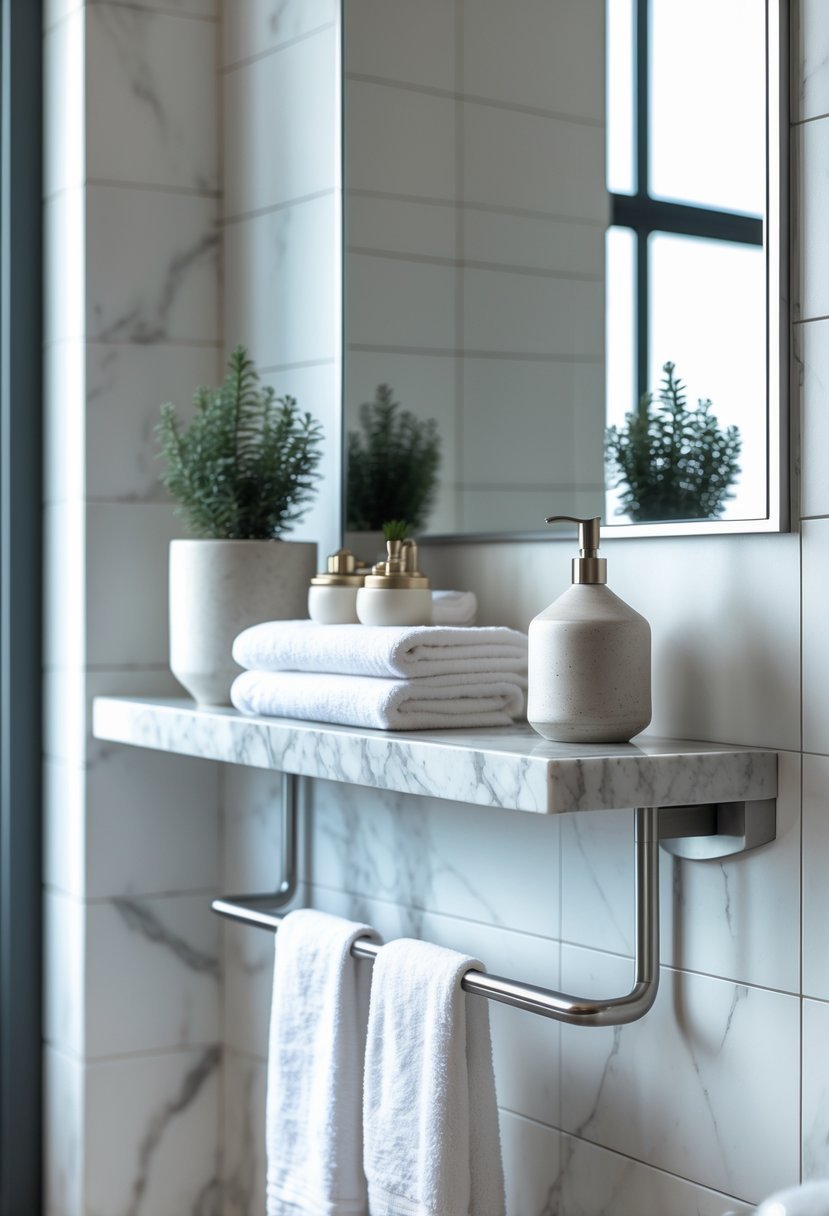 A bathroom shelf with a marble top and a towel bar holding a white towel, decorated with plants and jars on the shelf.