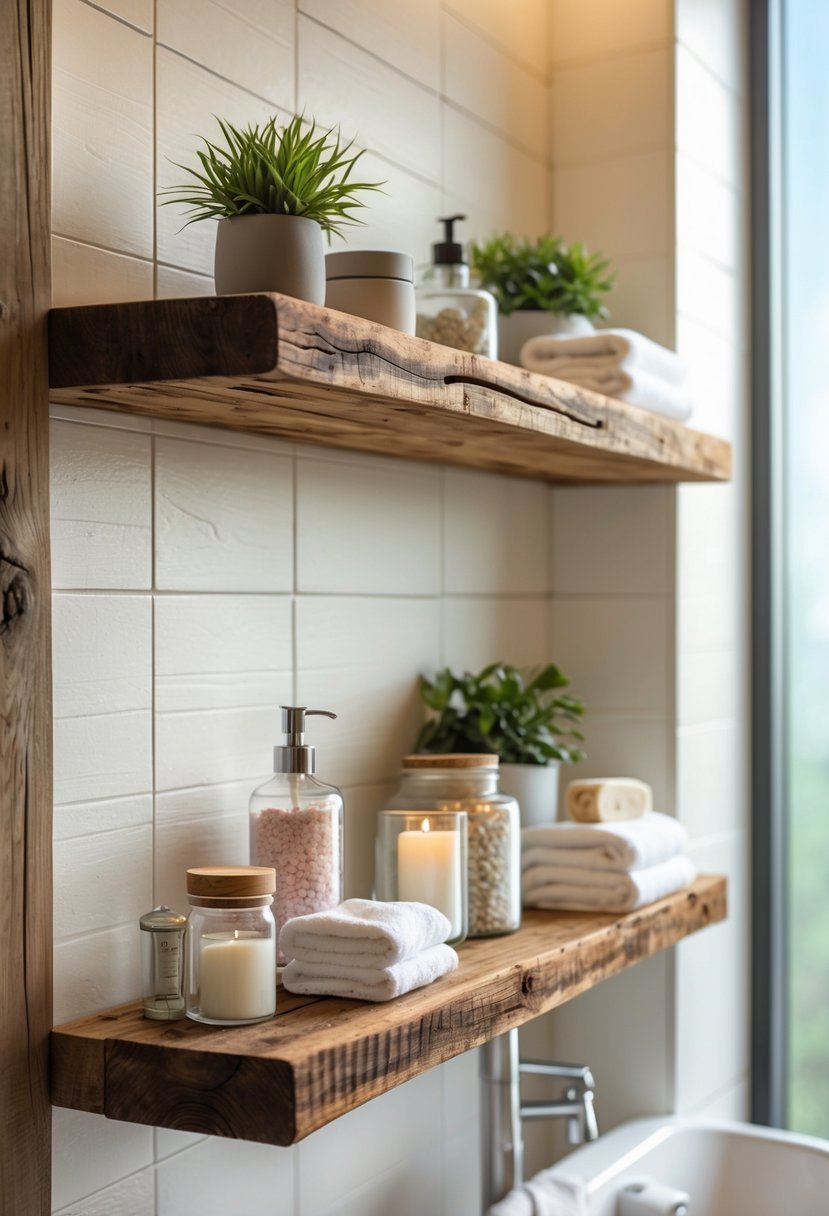 A bathroom shelf made of reclaimed wood displaying plants, towels, candles, and jars against a tiled wall.