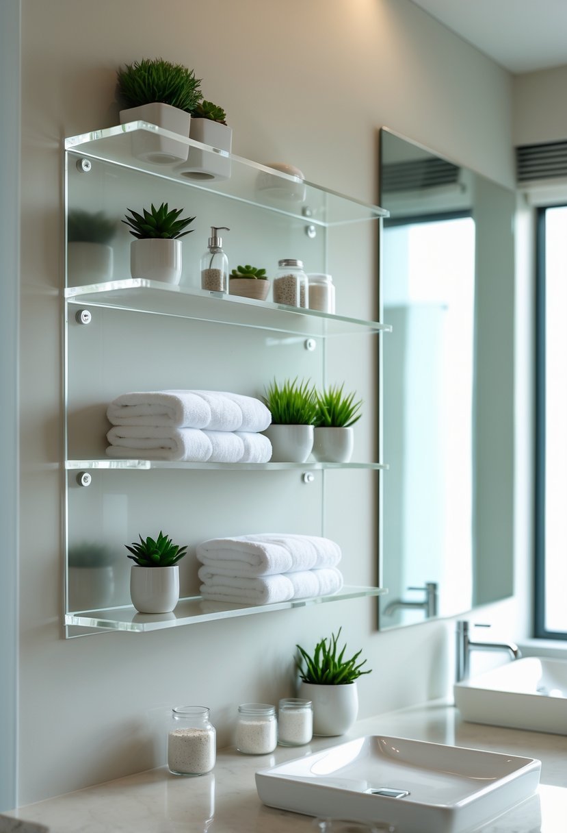 A bathroom wall with clear floating shelves holding plants, towels, and jars, next to a sink and mirror.