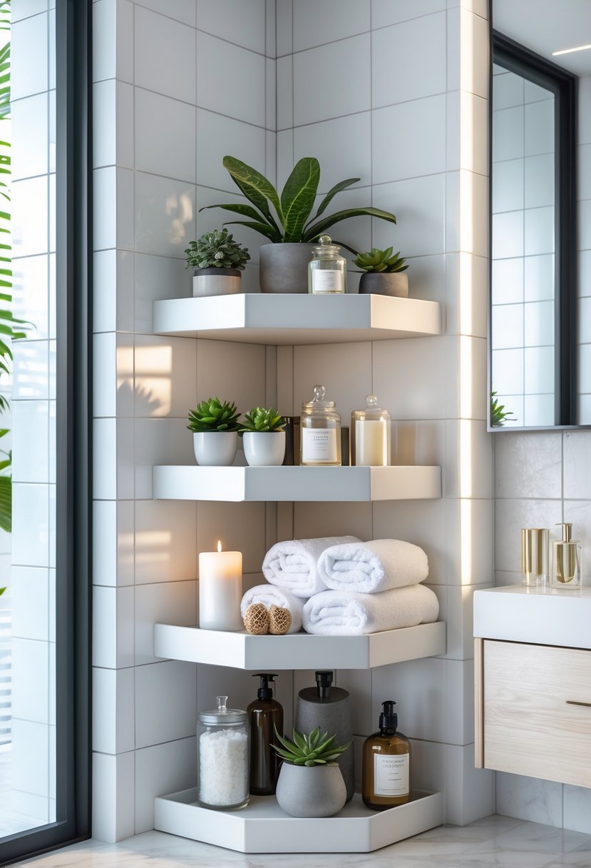 A tiered corner shelf organizer in a bathroom holding plants, towels, candles, and bath items.
