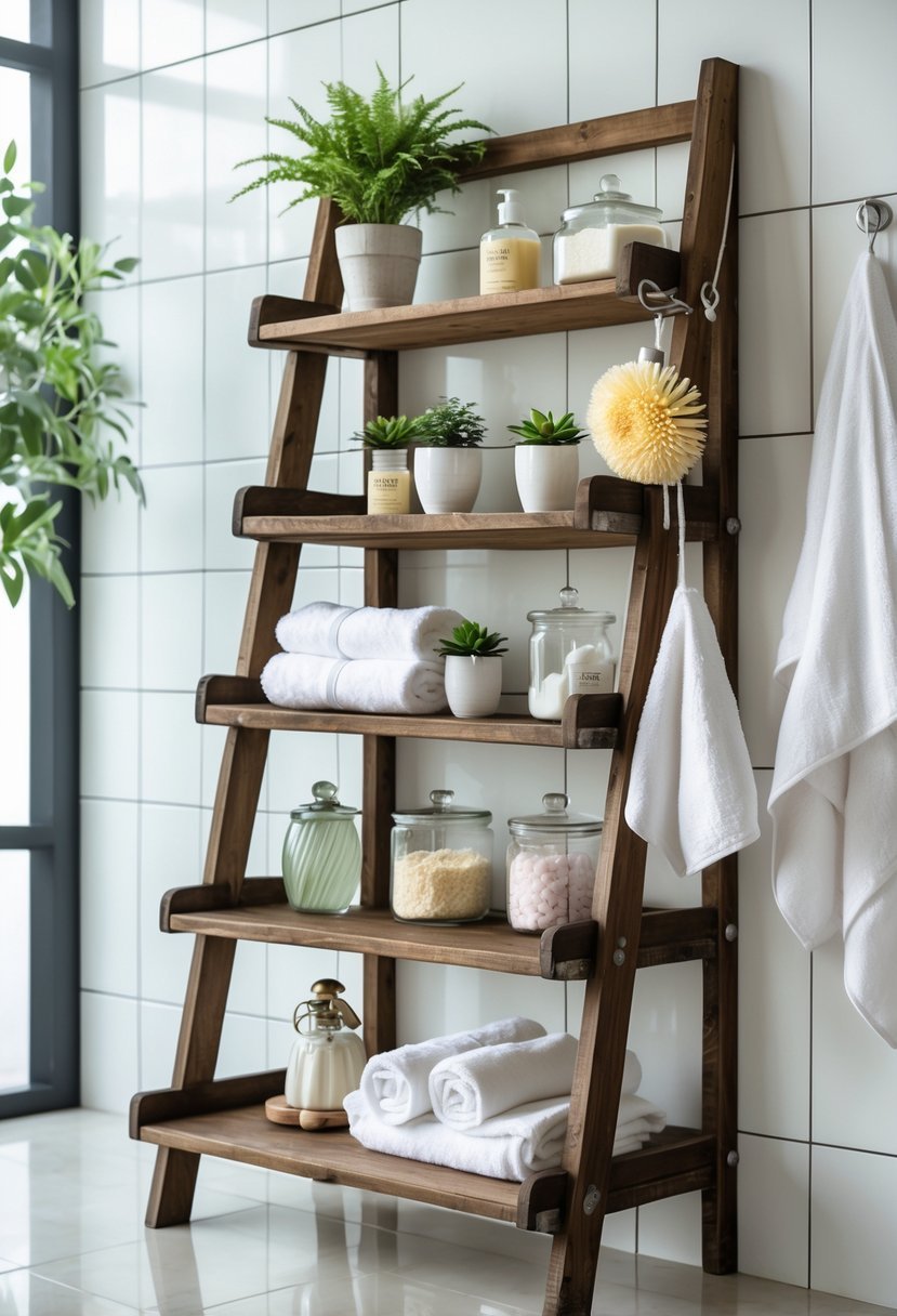 A wooden ladder shelf with hooks holding towels, plants, and bathroom accessories in a bright bathroom.
