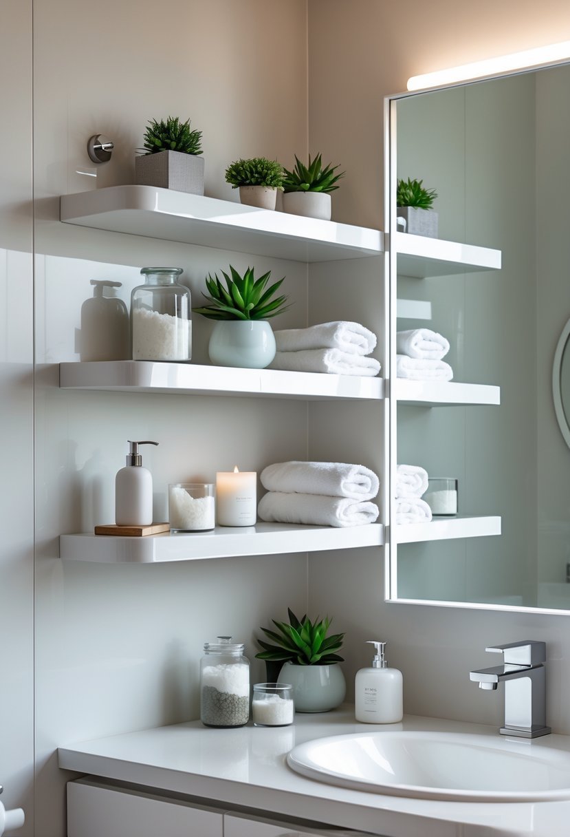 White lacquered wall shelves in a bathroom holding towels, plants, candles, and bath accessories.