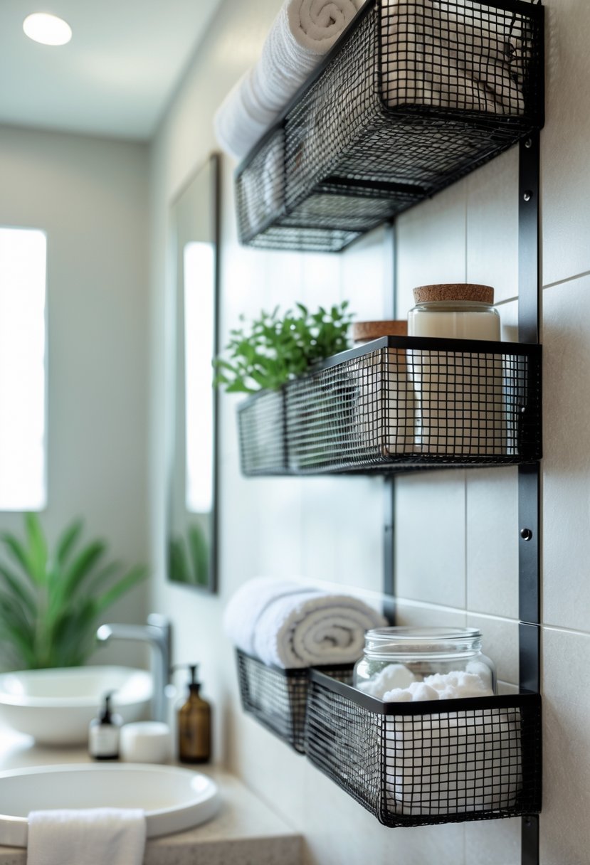 A bathroom wall with metal mesh basket shelves holding towels, plants, candles, and jars.