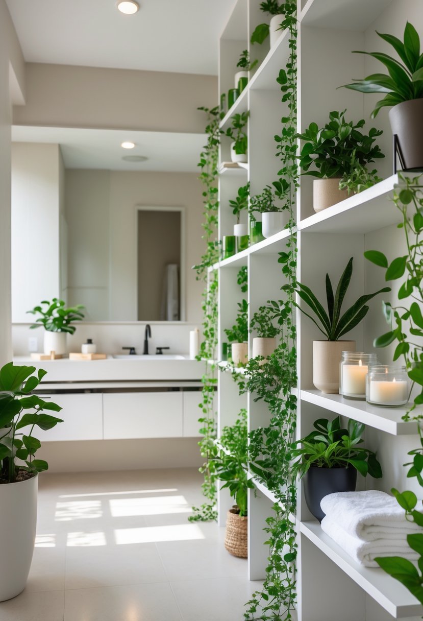 A bathroom with shelves holding green plants, towels, candles, and decorative items next to a sink.