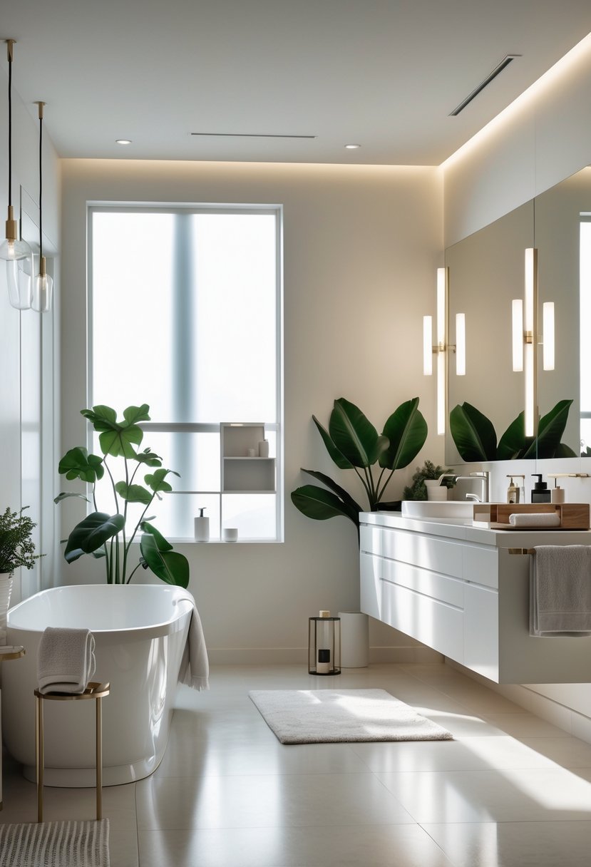 A modern bathroom with a white bathtub, vanity with mirror, lighting fixtures, plants, and neatly arranged towels.