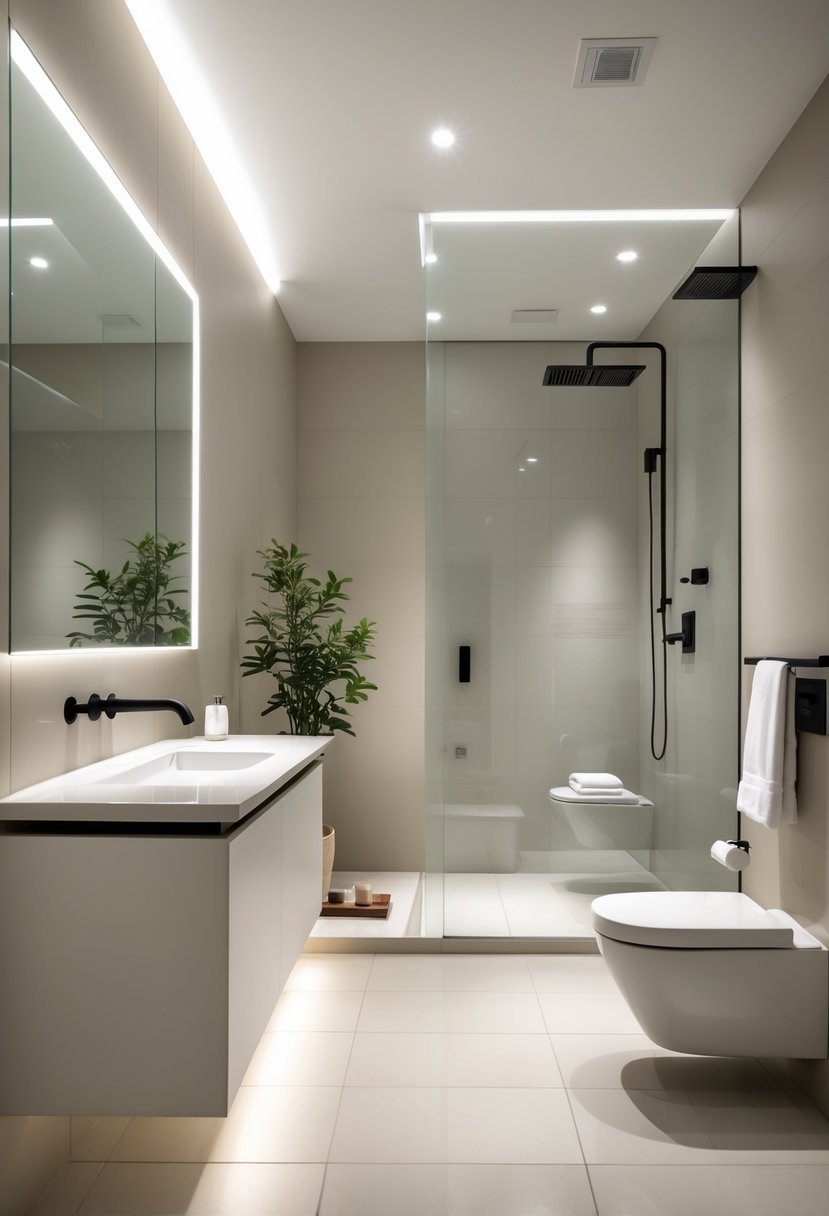 A bathroom with a floating vanity, large mirror, glass shower enclosure, and neutral-colored walls and floor.