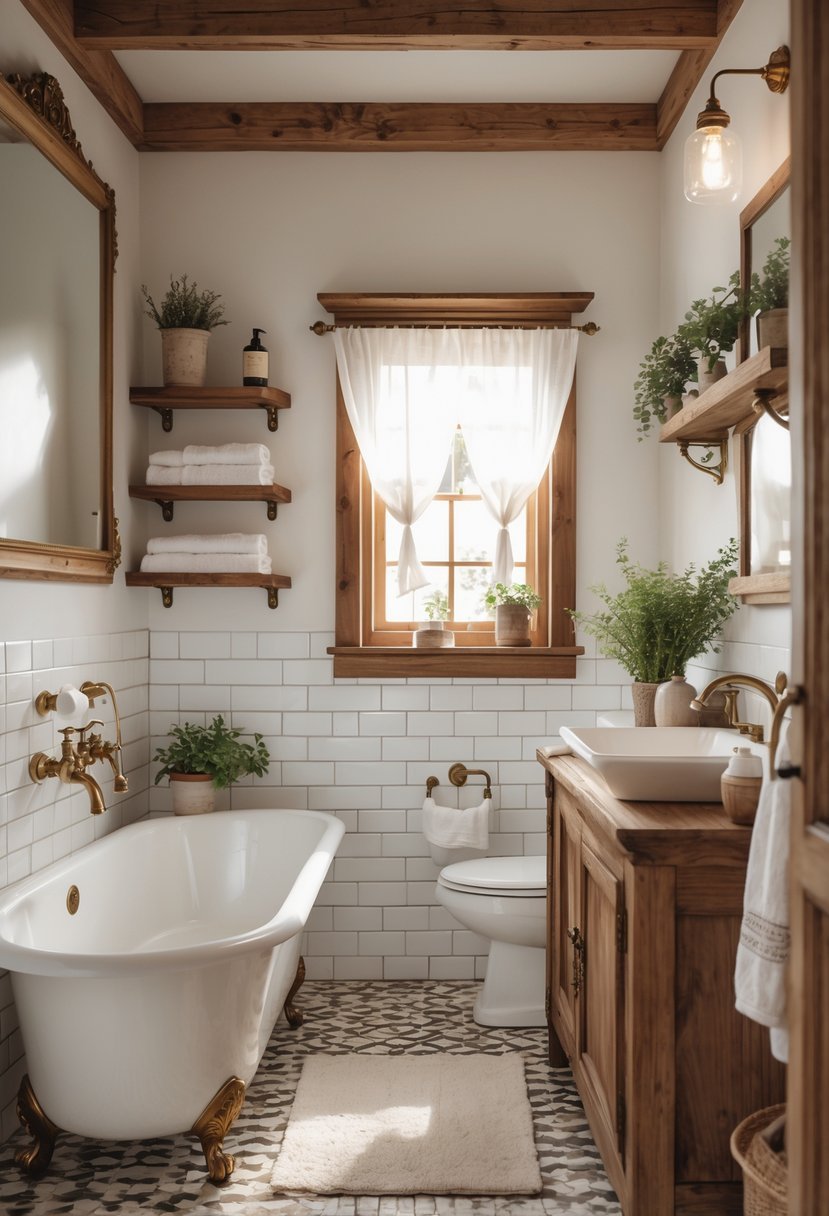 A bathroom with a clawfoot bathtub, wooden shelves, a wooden framed mirror, and a rustic vanity with a white sink.