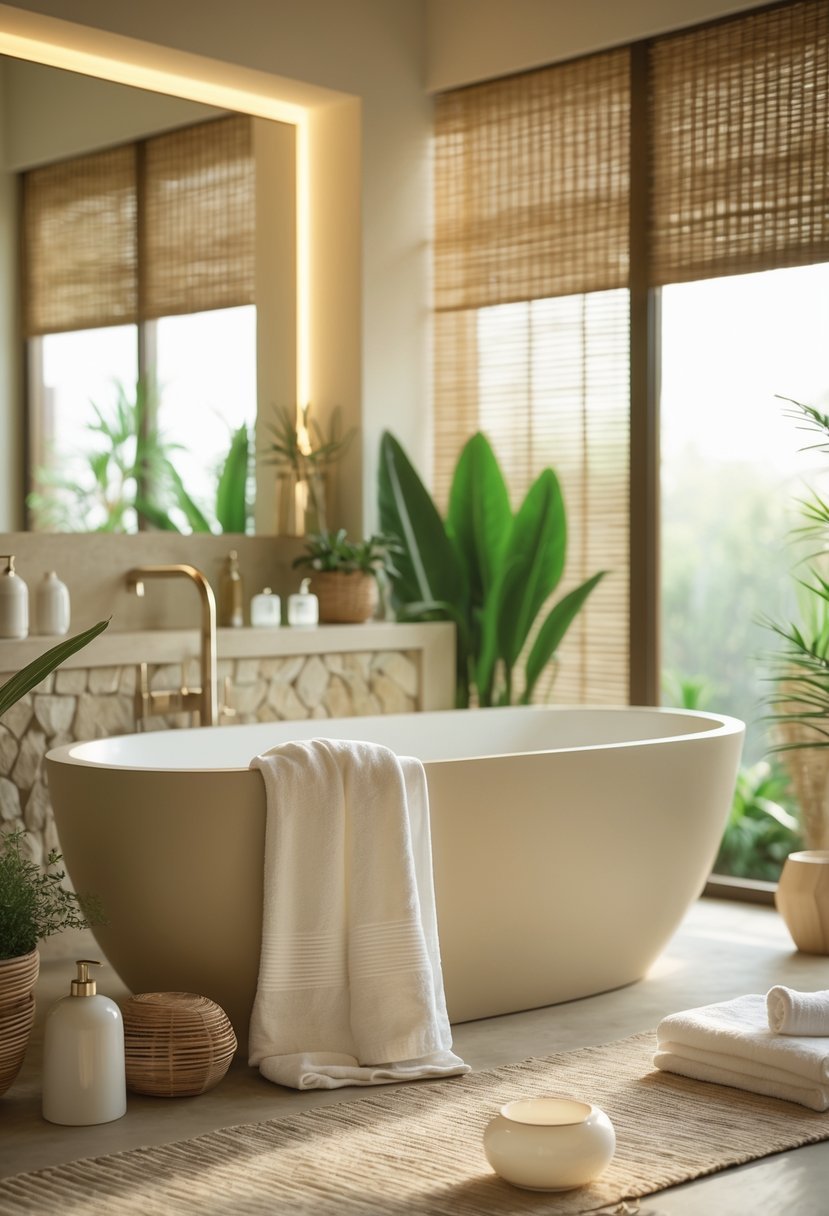 A bathroom with a freestanding bathtub, wooden and stone elements, green plants, and soft natural lighting.
