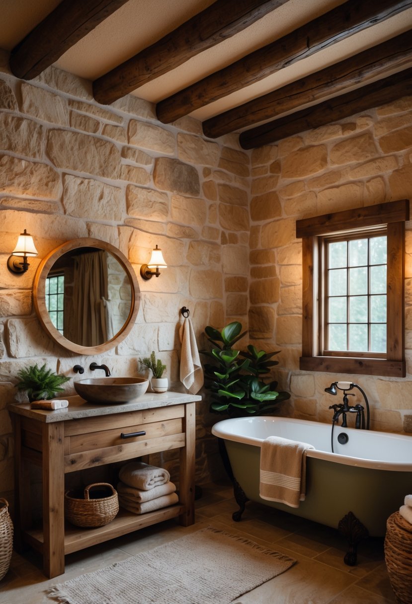A bathroom with stone walls and floor, a wooden vanity with a round mirror, a freestanding bathtub, and warm lighting.