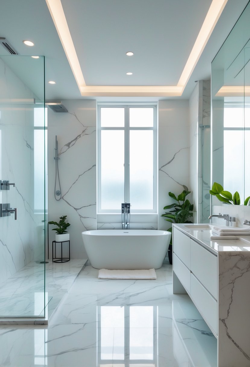 A spacious bathroom with marble walls and floor, a freestanding bathtub, glass shower enclosure, double sink vanity, and soft natural lighting.