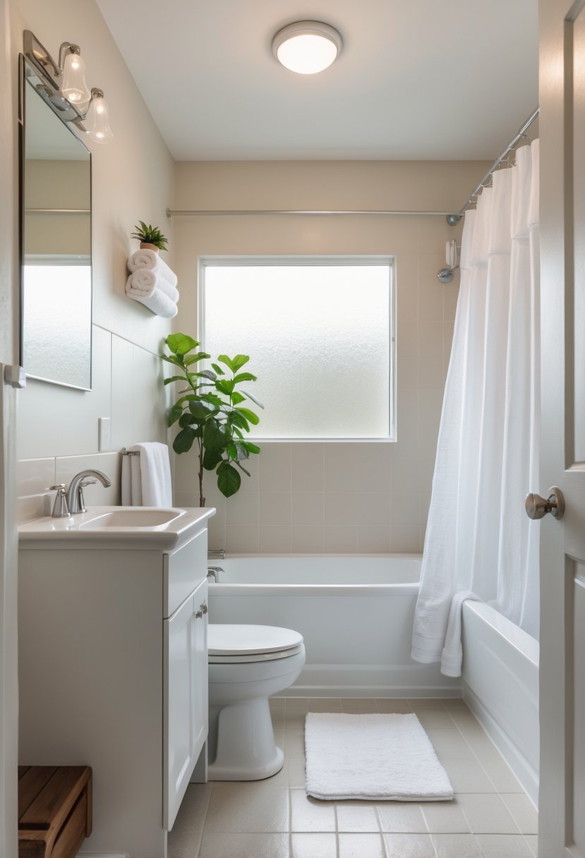 A bright and clean bathroom with a white vanity, sink, mirror, bathtub, and a small plant on a shelf.