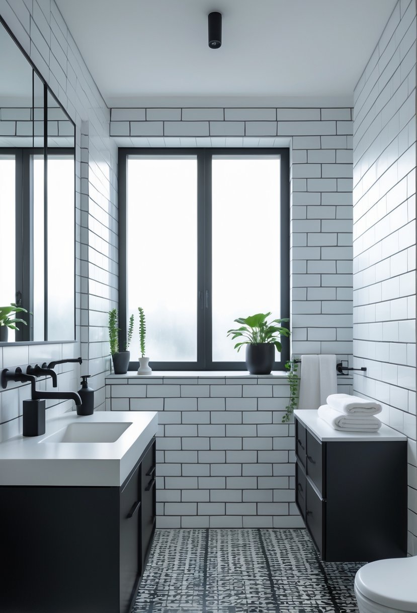 A modern bathroom with a black vanity, white countertop, large mirror, black and white tiled walls and floor, and neatly arranged accessories.
