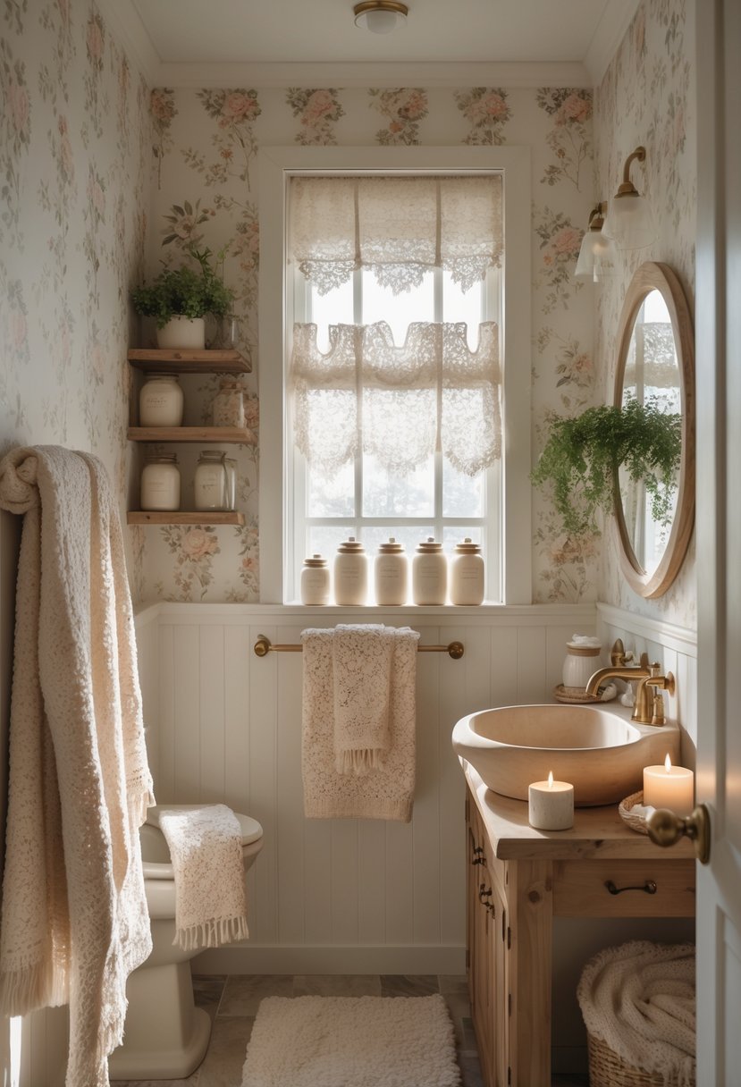 A cozy bathroom with floral wallpaper, wooden cabinets, a round mirror, and soft towels arranged neatly.