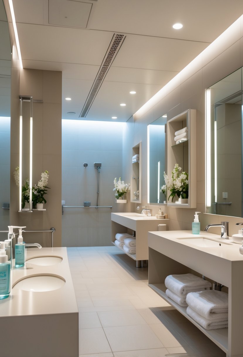 A clean and modern public bathroom with sinks, sanitizer dispensers, and scent diffusers arranged neatly on countertops.