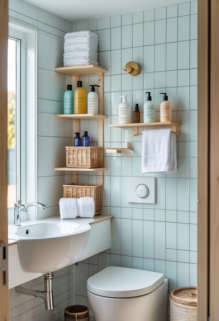 Small bathroom with organized shelves and storage solutions for toiletries and towels.