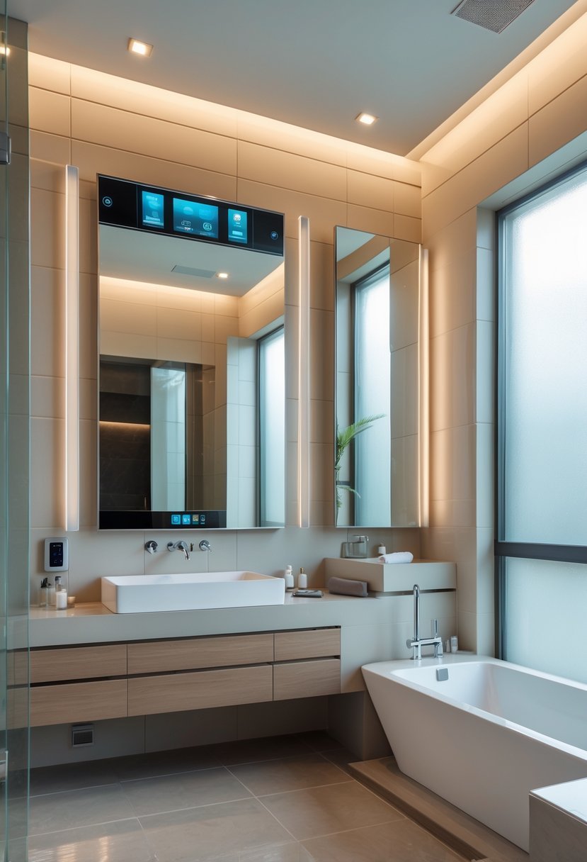 A modern bathroom with smart mirrors and automated lighting, featuring a bathtub, floating vanity, and sleek fixtures.