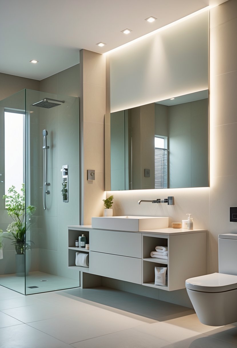 A modern bathroom with a floating vanity, clear glass shower, and built-in storage niches.