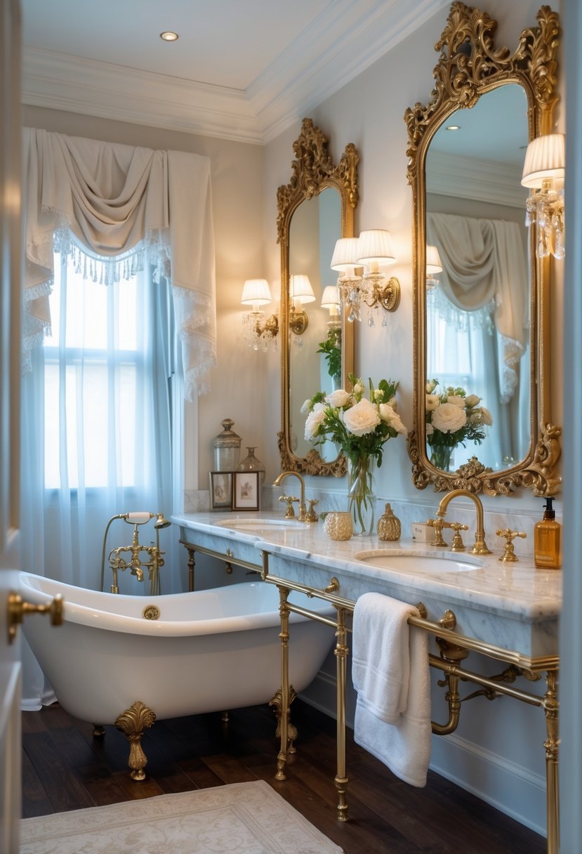 A bathroom with clawfoot bathtubs, ornate mirrors, marble countertops, and decorative accessories.