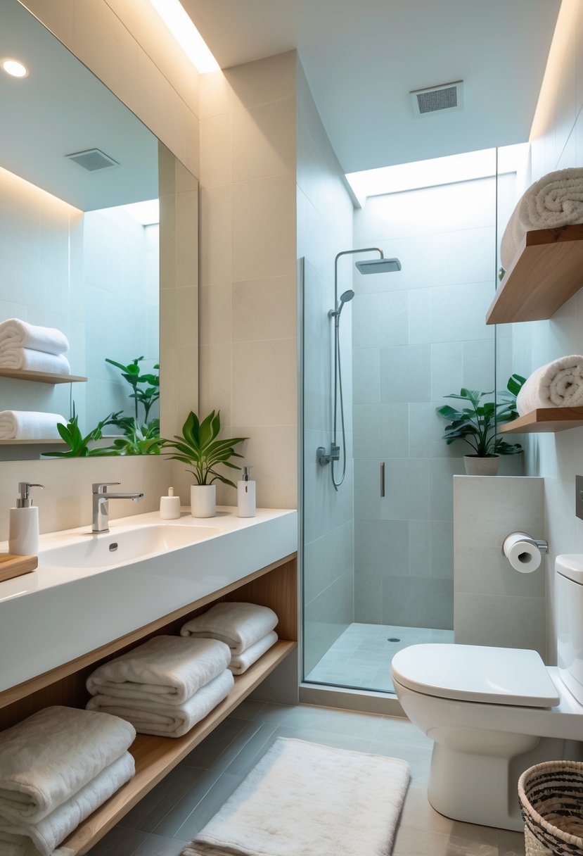 A clean and well-lit guest bathroom with a sink, mirror, towels, a glass shower, and a small plant.